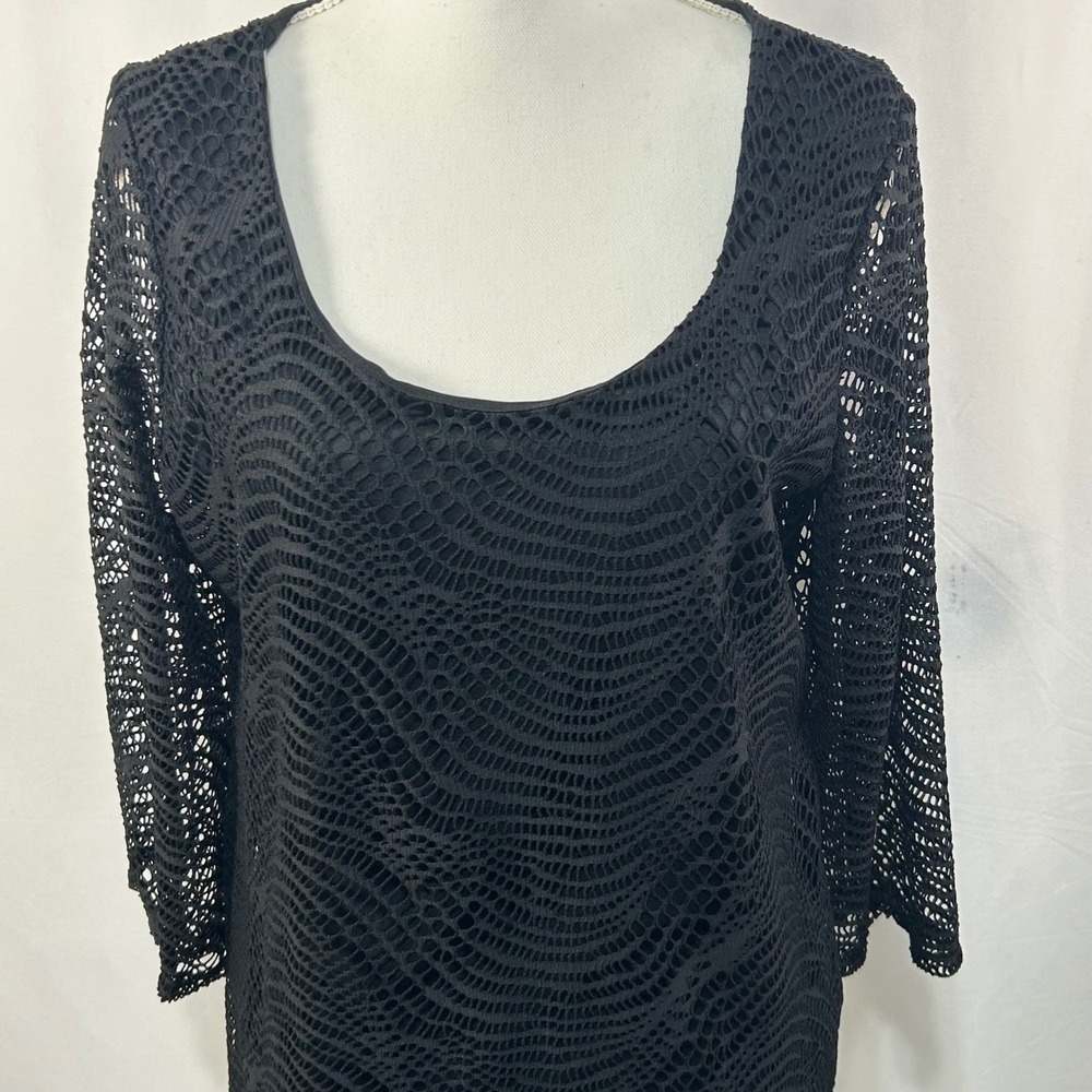 Melissa Paige Black Crochet Fringe Tunic Top Cover Up Long Sleeve Women's L - Picture 2 of 10